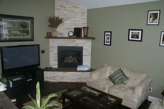 living room with corner fireplace